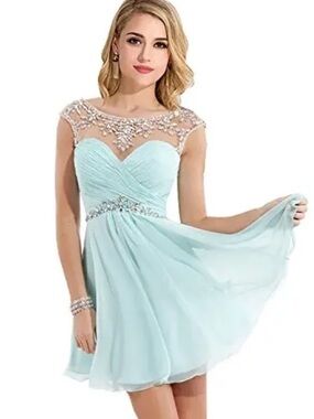 Embellished Chiffon Mini Dress in Light Aqua
